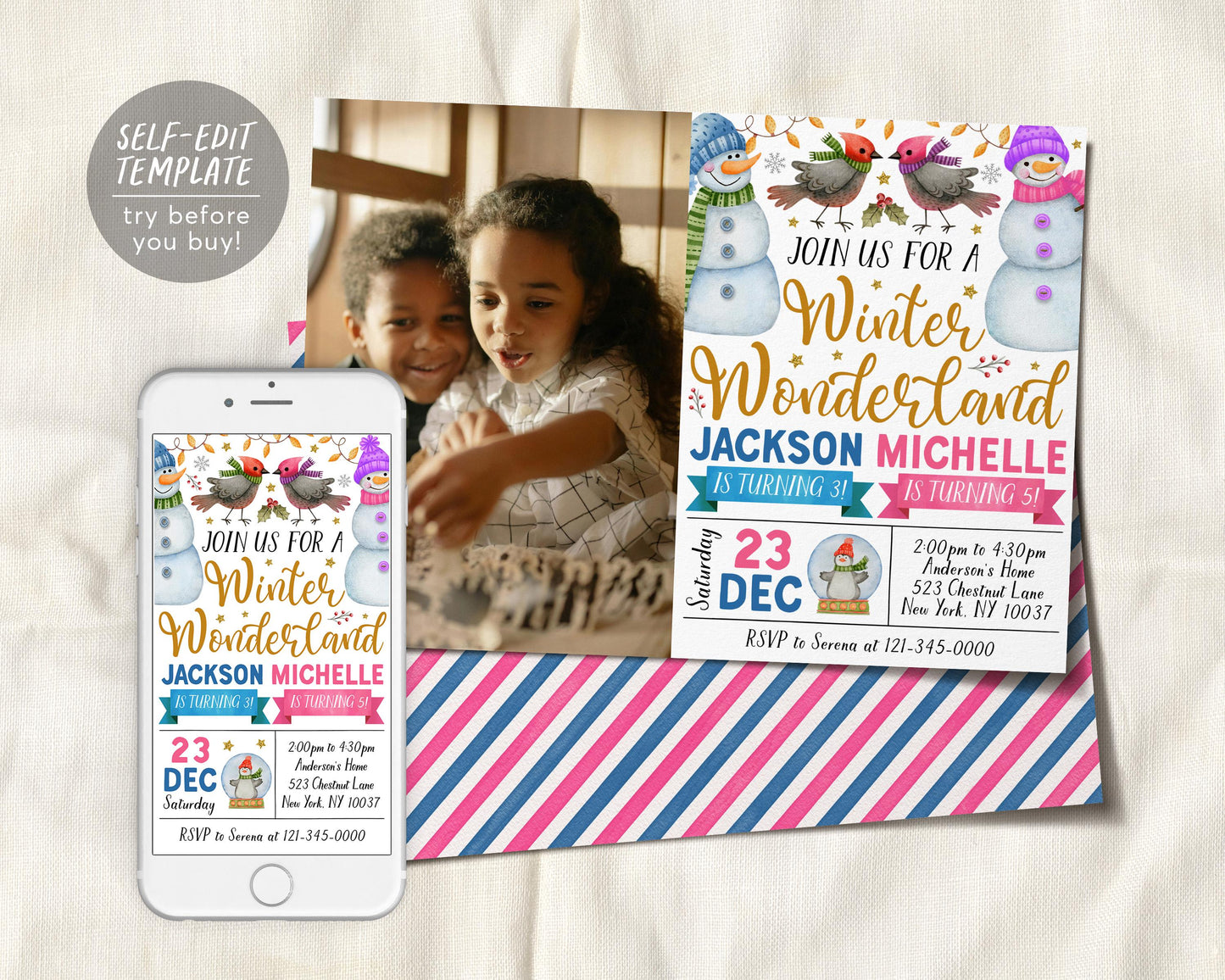 Winter Wonderland Joint Siblings Birthday Invitation With Photo Editable Template