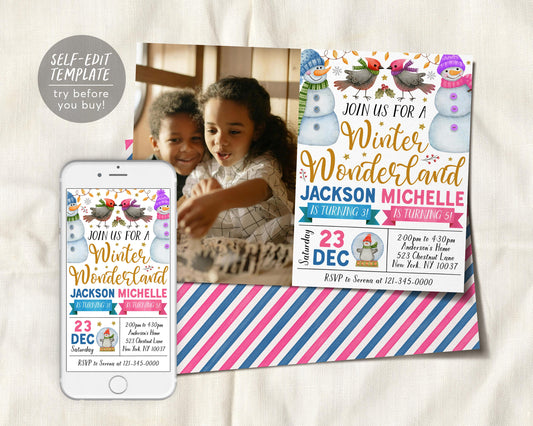 Winter Wonderland Joint Siblings Birthday Invitation With Photo Editable Template