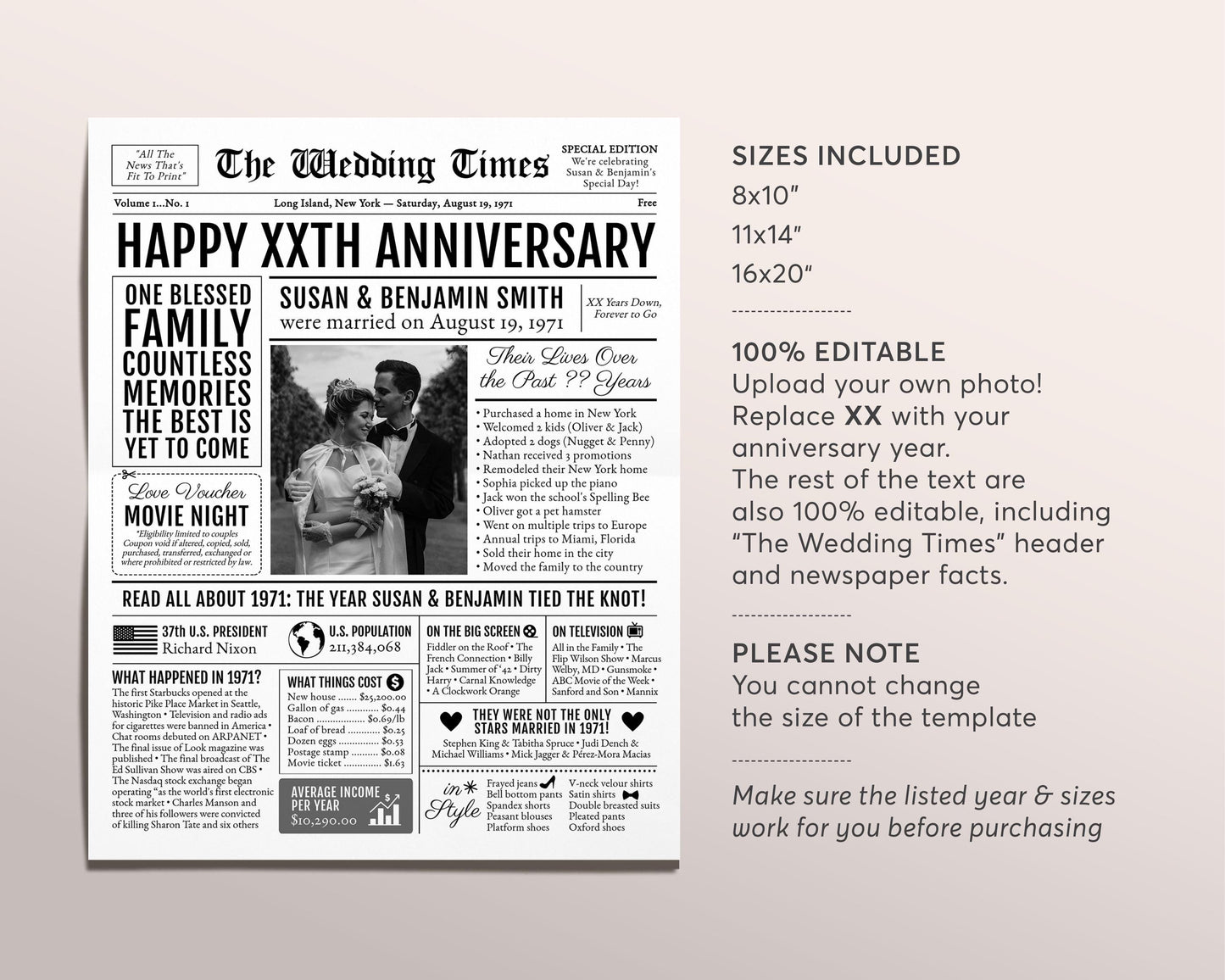 Back in 1971 54th 55th 56th Anniversary Gift Newspaper Editable Template, Personalized 54 55 56 Year Wedding For Parents Husband Or Wife