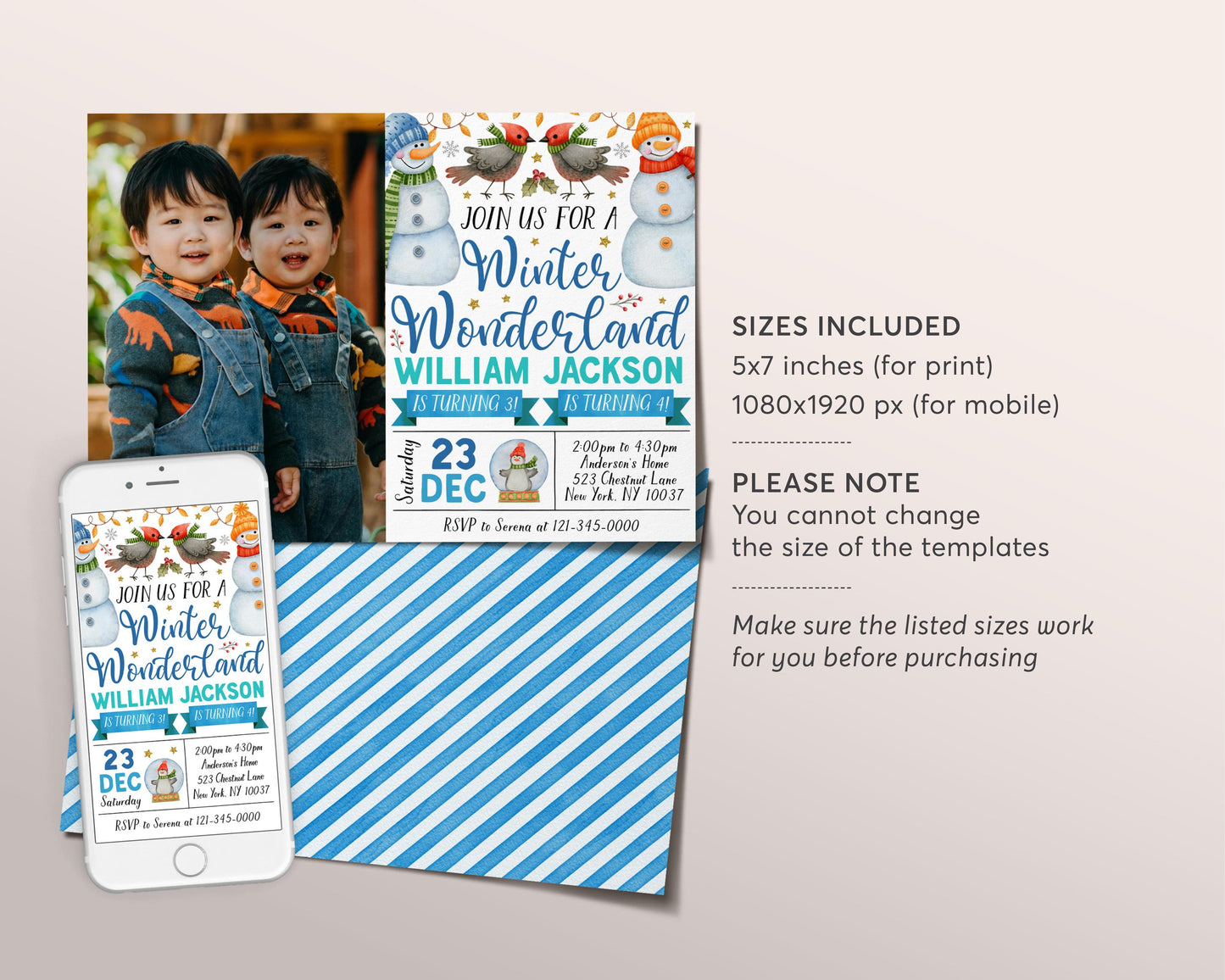 Winter Wonderland Joint Siblings Birthday Invitation With Photo Editable Template, Boy Twins Snowman Our Little Snowflake Party Invite