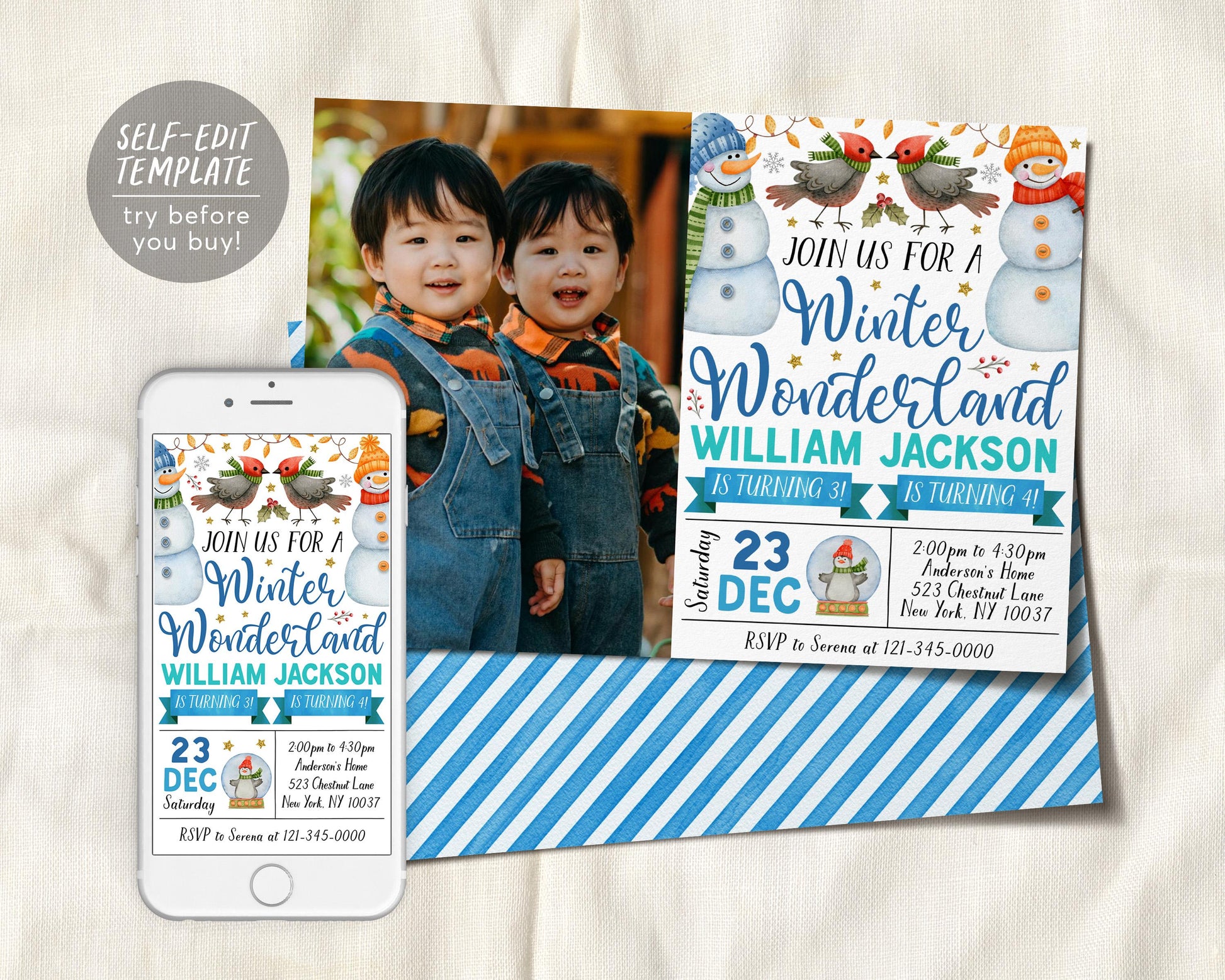 Winter Wonderland Joint Siblings Birthday Invitation With Photo Editable Template