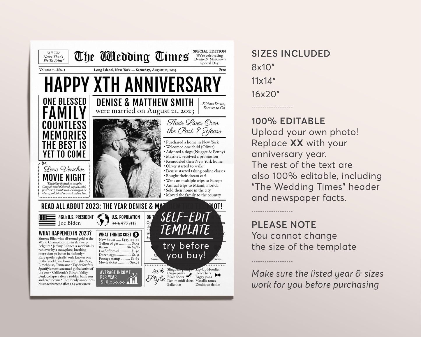 Back in 2023 1st 2nd 3rd 4th Anniversary Gift Newspaper Editable Template, Personalized 1 2 3 4 Year Wedding For Parents Husband Or Wife