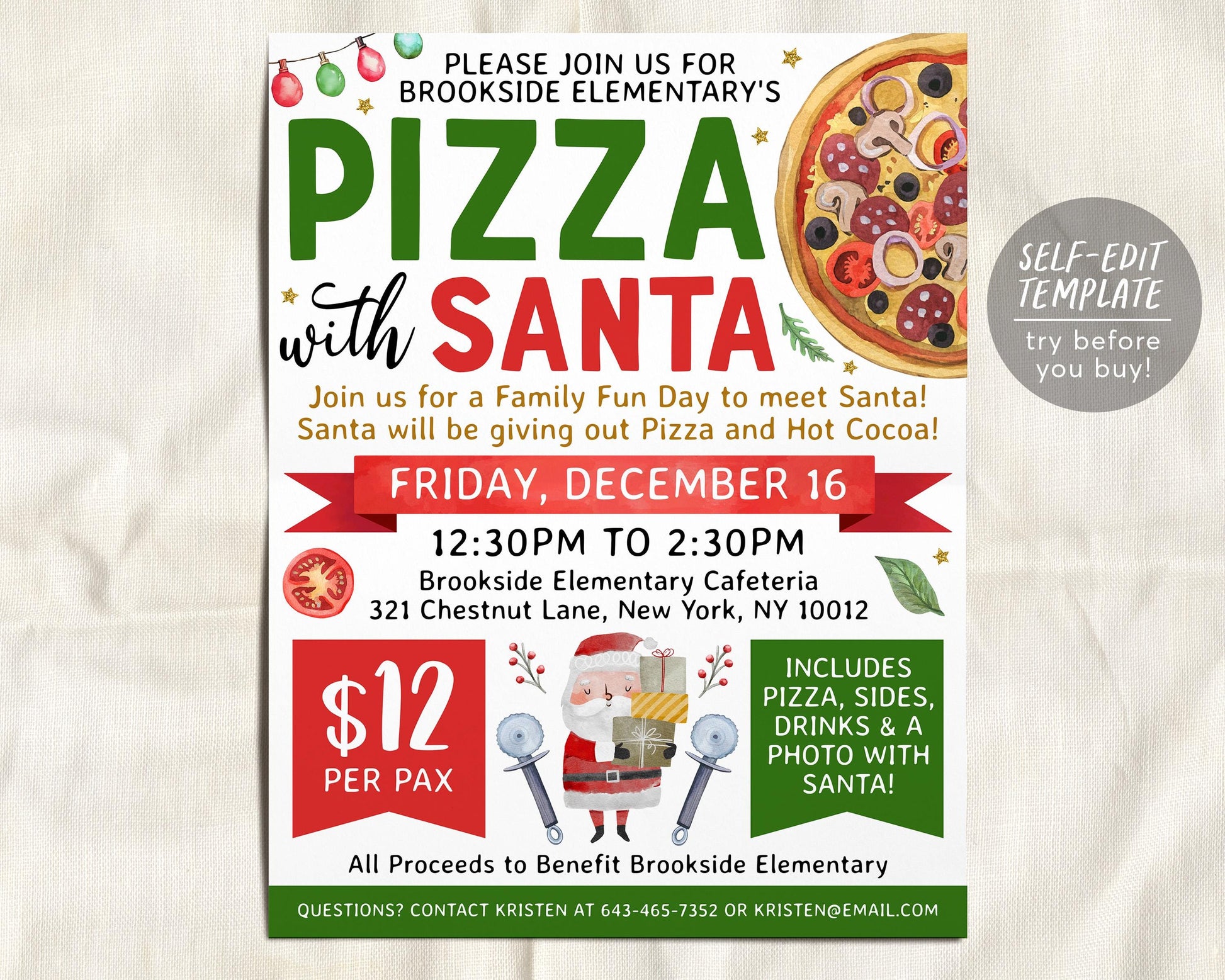 Pizza with Santa Flyer Editable Template