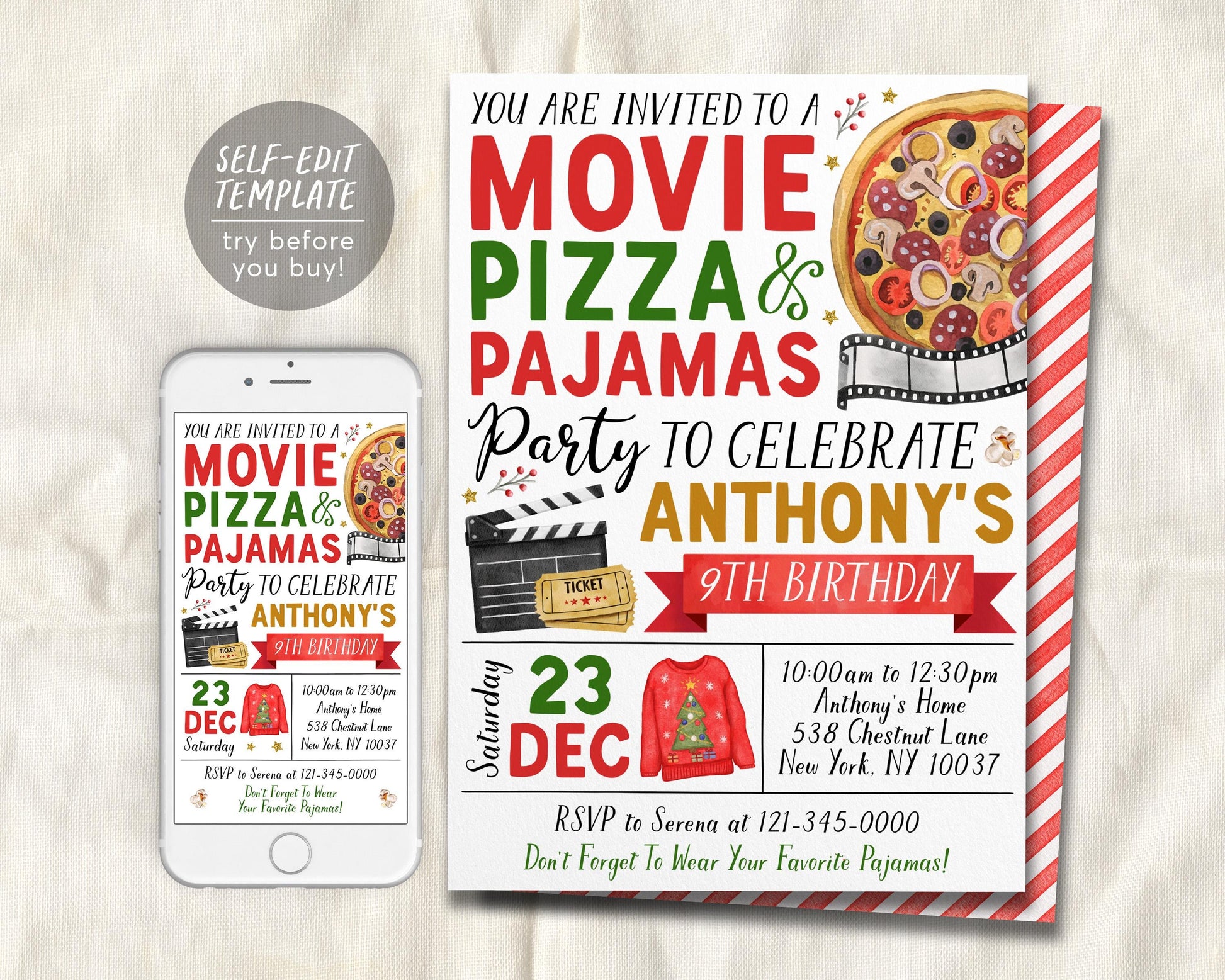 Christmas Movie Pizza Pajamas Birthday Invitation Editable Template