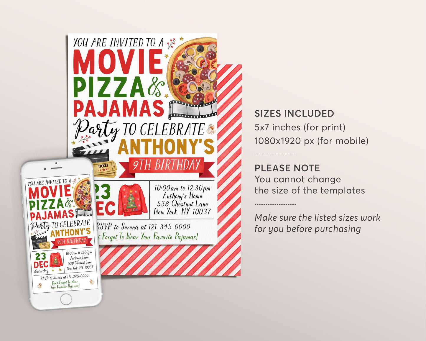 Christmas Movie Pizza Pajamas Birthday Invitation Editable Template, Holiday Movie Night Slumber Party Invite, Sleepover Pajamas Party Evite