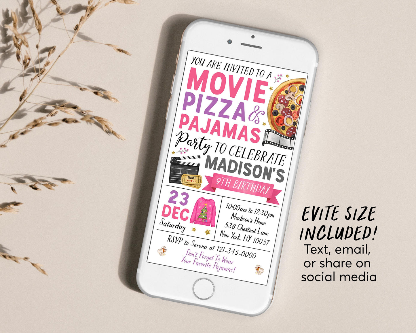 Christmas Movie Pizza Pajamas Birthday Invitation Editable Template, Girl Holiday Movie Night Slumber Party Invite, Sleepover Pajamas Evite