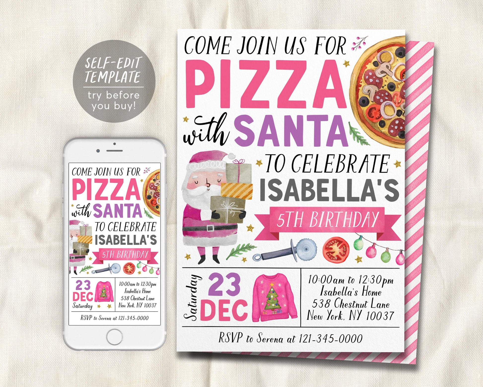 Pizza With Santa Invitation Editable Template