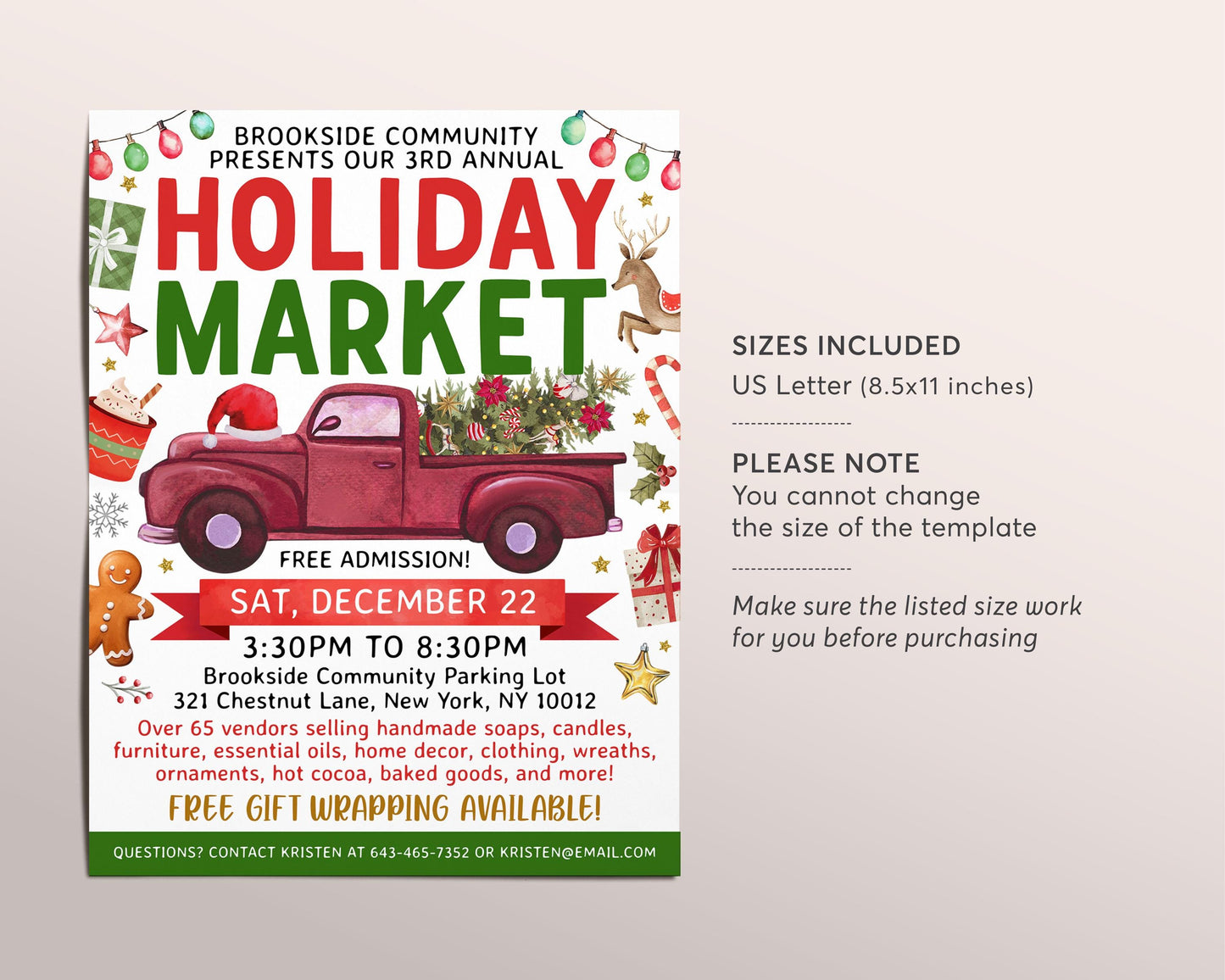 Holiday Market Flyer Editable Template, Christmas Market Poster, Winter Fest Vendor Craft Show, School Community Boutique Shopping Event