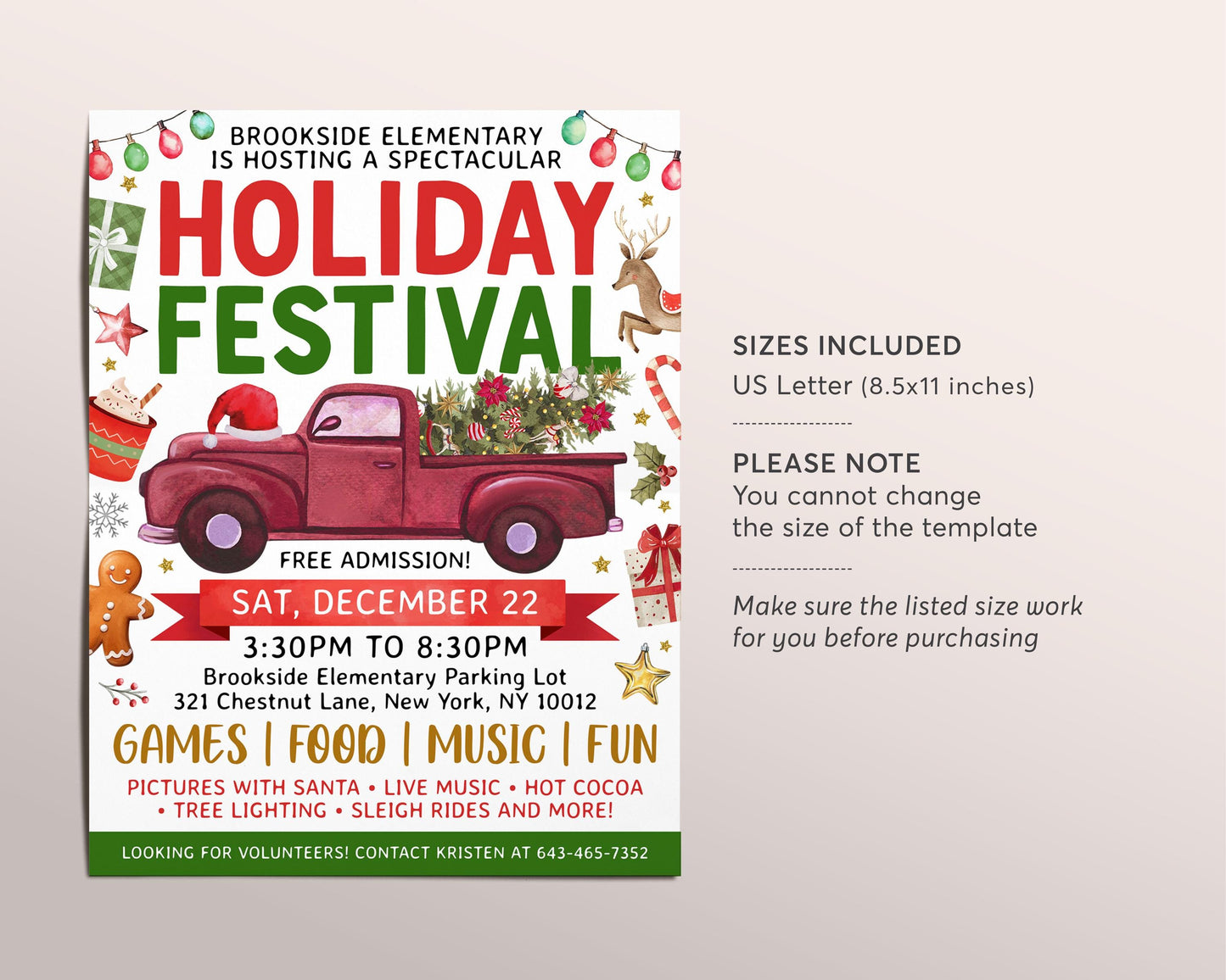 Holiday Festival Flyer Editable Template, Christmas Winter Festival Poster, Holiday Festive Xmas Fest Invitation, School Church Community