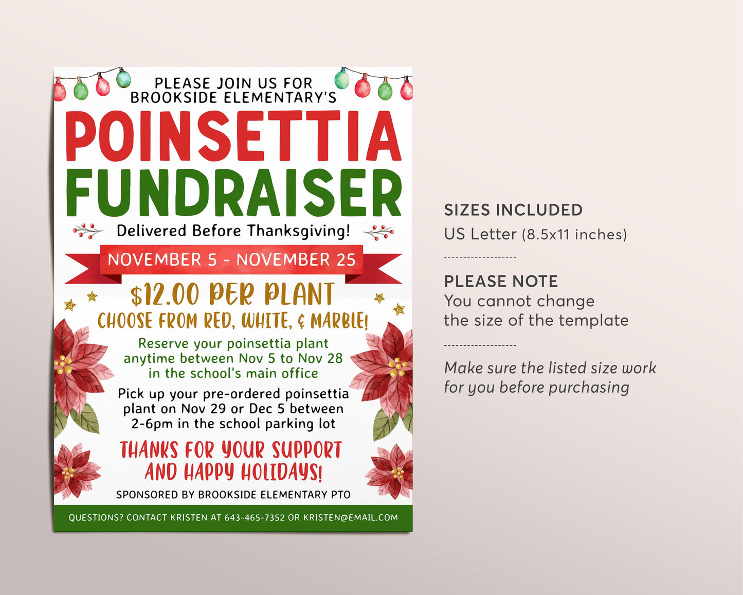 Poinsettia Fundraiser Flyer Editable Template, Christmas Poinsettia Sale, Holiday Plant Flower Sale School Church PTO PTA Community Charity