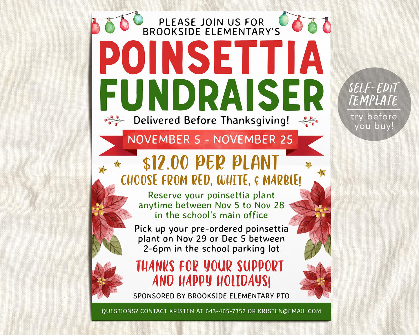 Poinsettia Fundraiser Flyer Editable Template