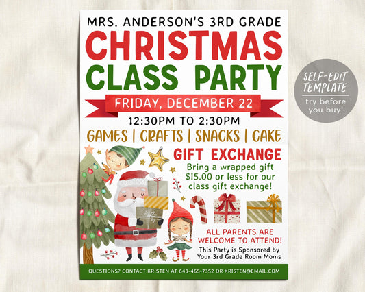 Class Christmas Party Flyer Editable Template