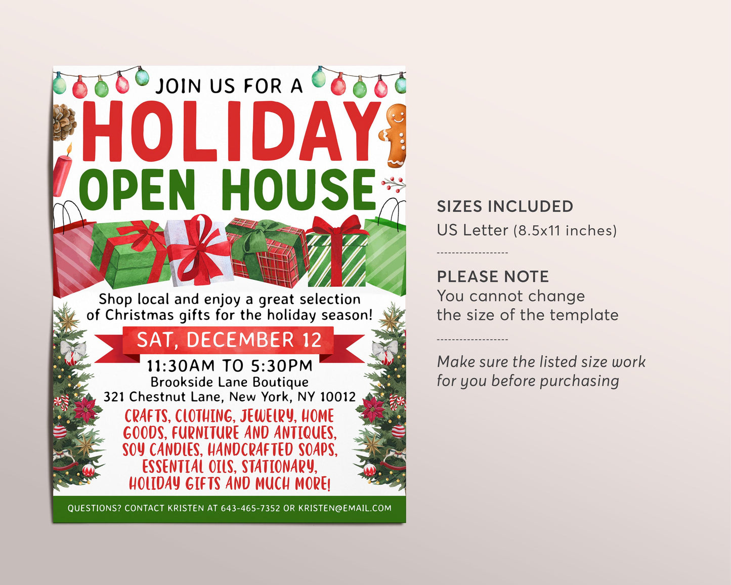 Holiday Open House Flyer Editable Template, Christmas Pop up Shop Shopping Event, Winter Craft Market, Sip and Shop Holiday Boutique Event