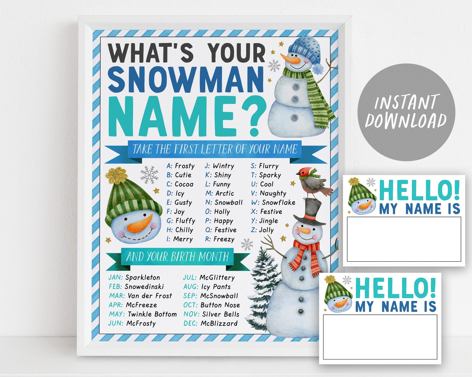 what's your snowman name game, winter christmas party activity