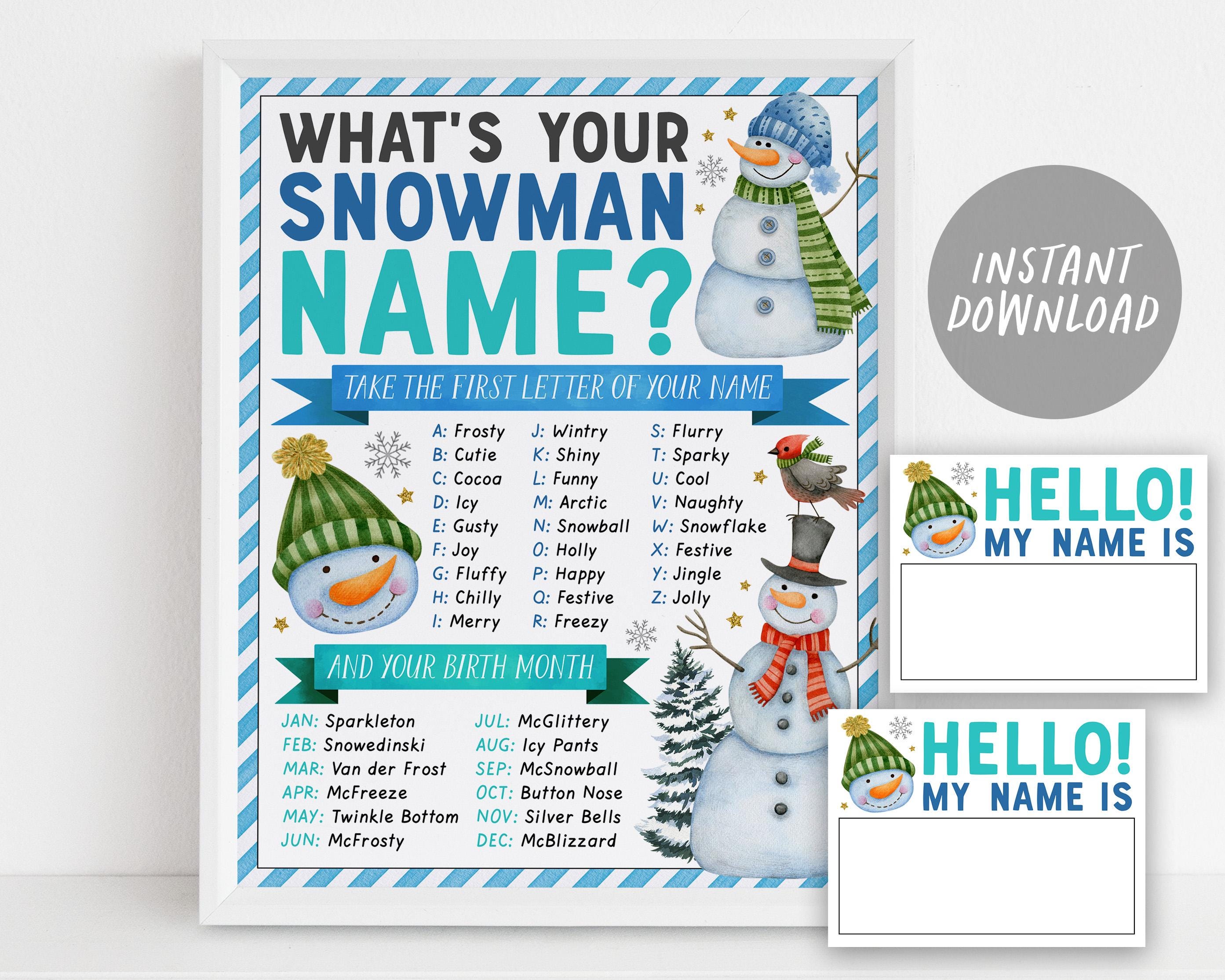 what's your snowman name game, winter christmas party activity