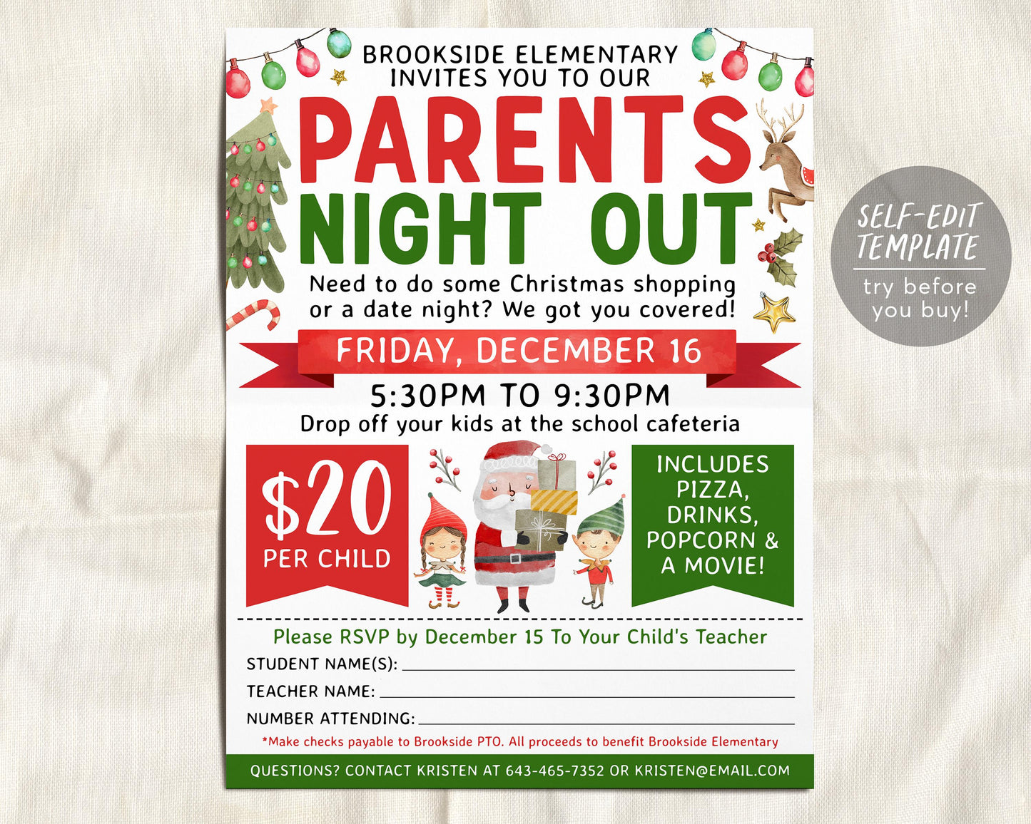 Christmas Parents Night Out Flyer With Form Editable Template