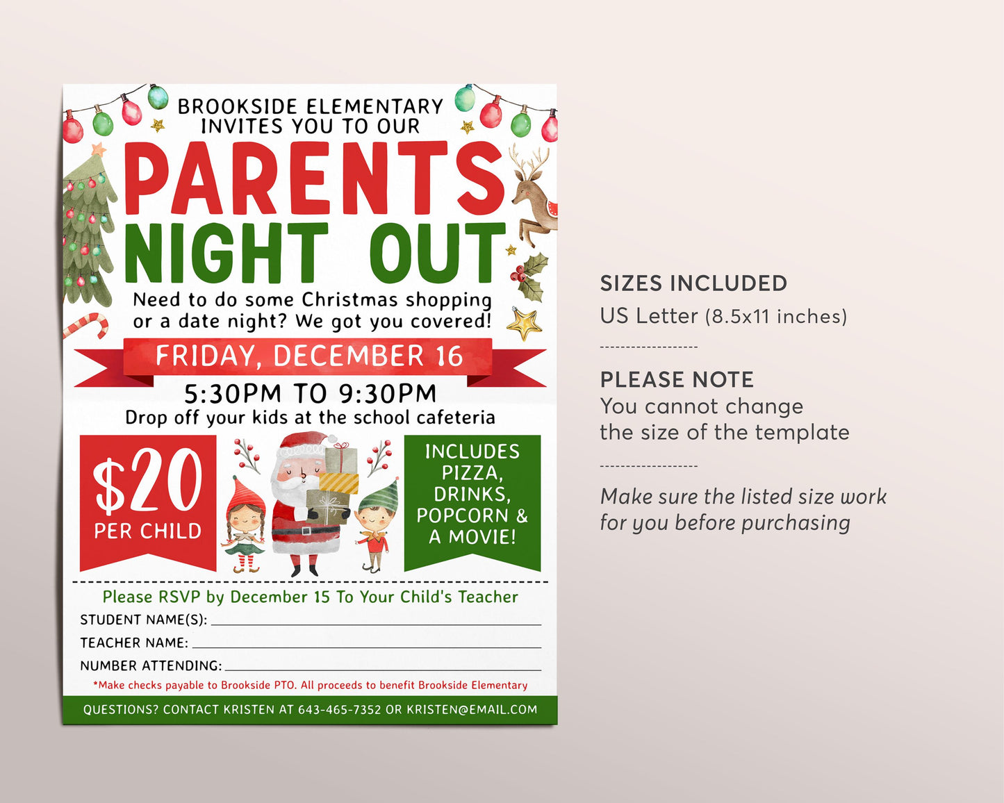 Christmas Parents Night Out Flyer With Form Editable Template, Holiday Parents Night Out Fundraiser, Winter Date Night School Community