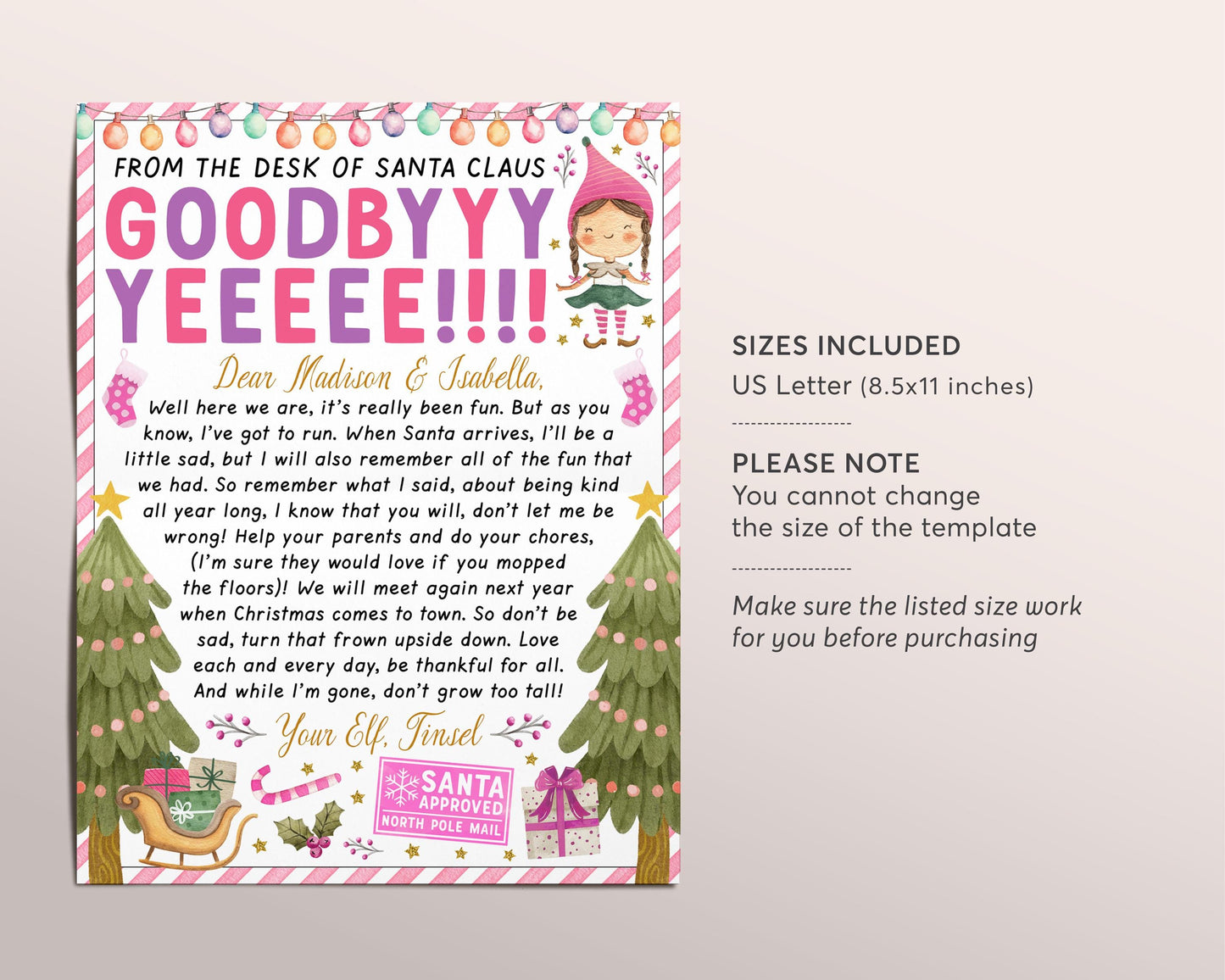 Pink Girl Elf Goodbye Letter Editable Template, End of Christmas Farewell Note from Elf, Christmas Activity Winter Traditions Note To Kids