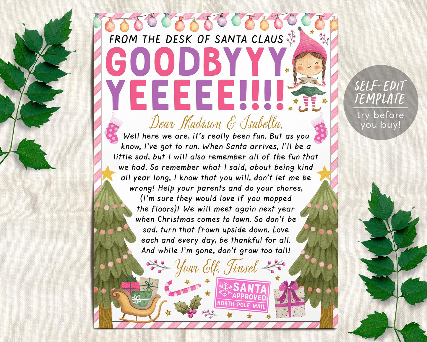 Pink Girl Elf Goodbye Letter Editable Template