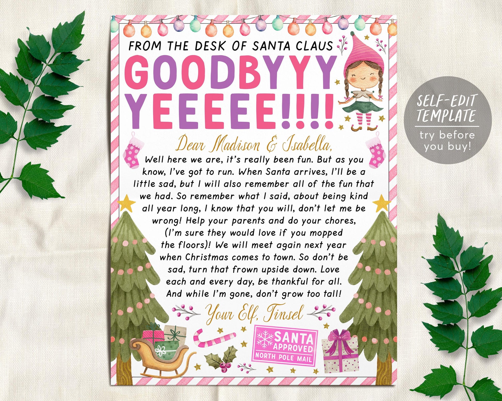 Pink Girl Elf Goodbye Letter Editable Template