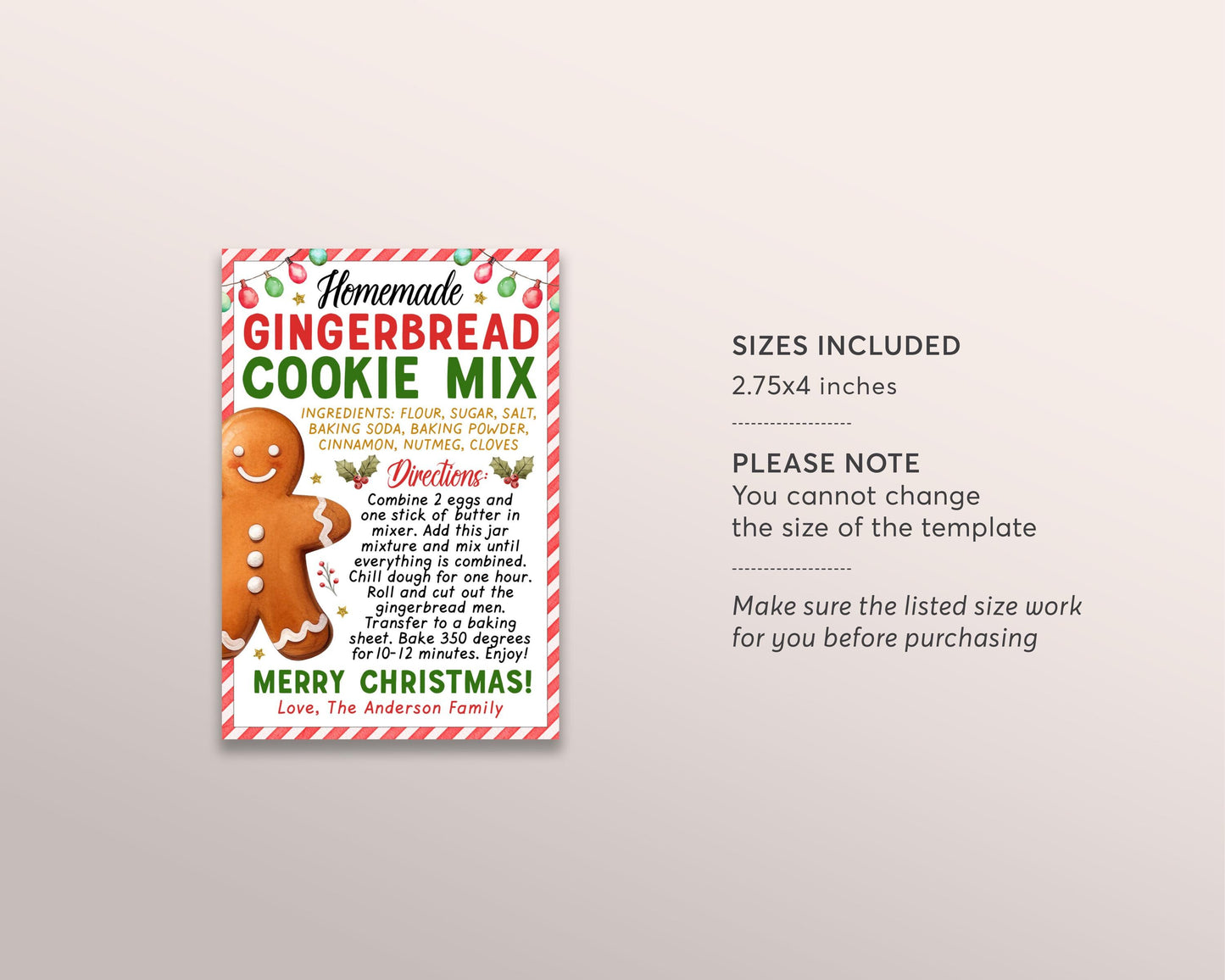 Gingerbread Cookie Mix in a Jar Gift Tag Editable Template