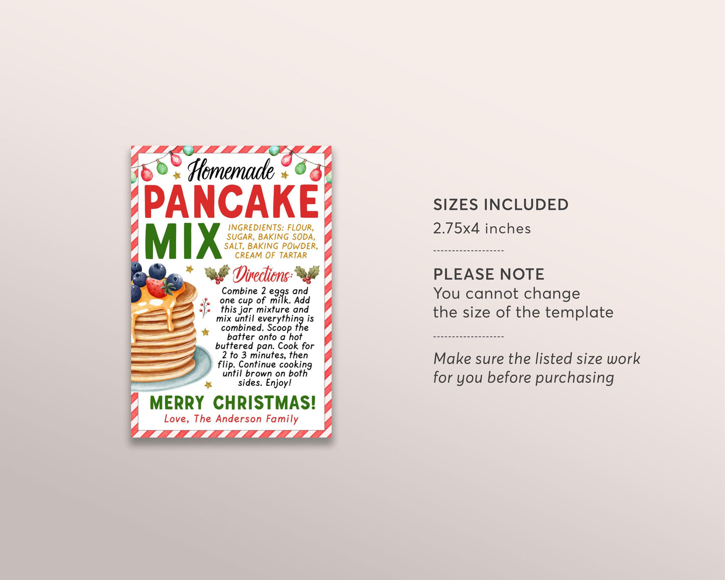 Pancake Mix in a Jar Gift Tag Editable Template, Christmas Pancake Recipe Favor Tag, Bake Sale Label, Holiday Brunch Gift, Mason Jar Label