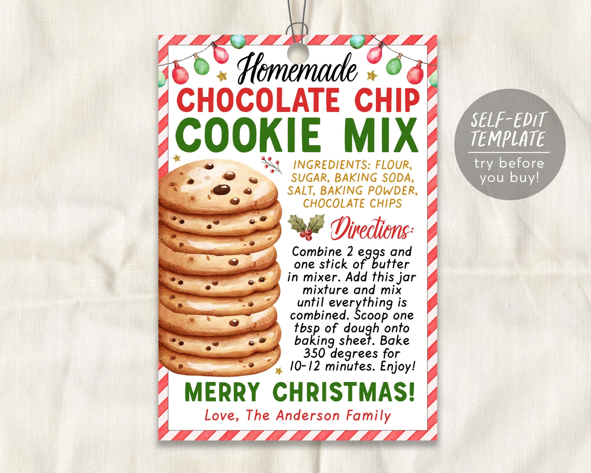 Cookie Mix in a Jar Gift Tag Editable Template