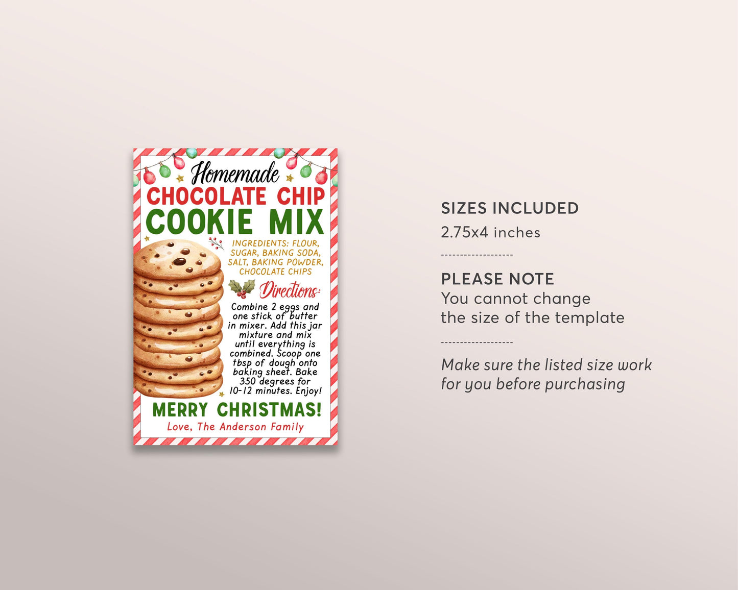 Cookie Mix in a Jar Gift Tag Editable Template, Christmas Chocolate Chip Cookie Recipe Favor Tag, Holiday Bake Sale Label, Mason Jar Label