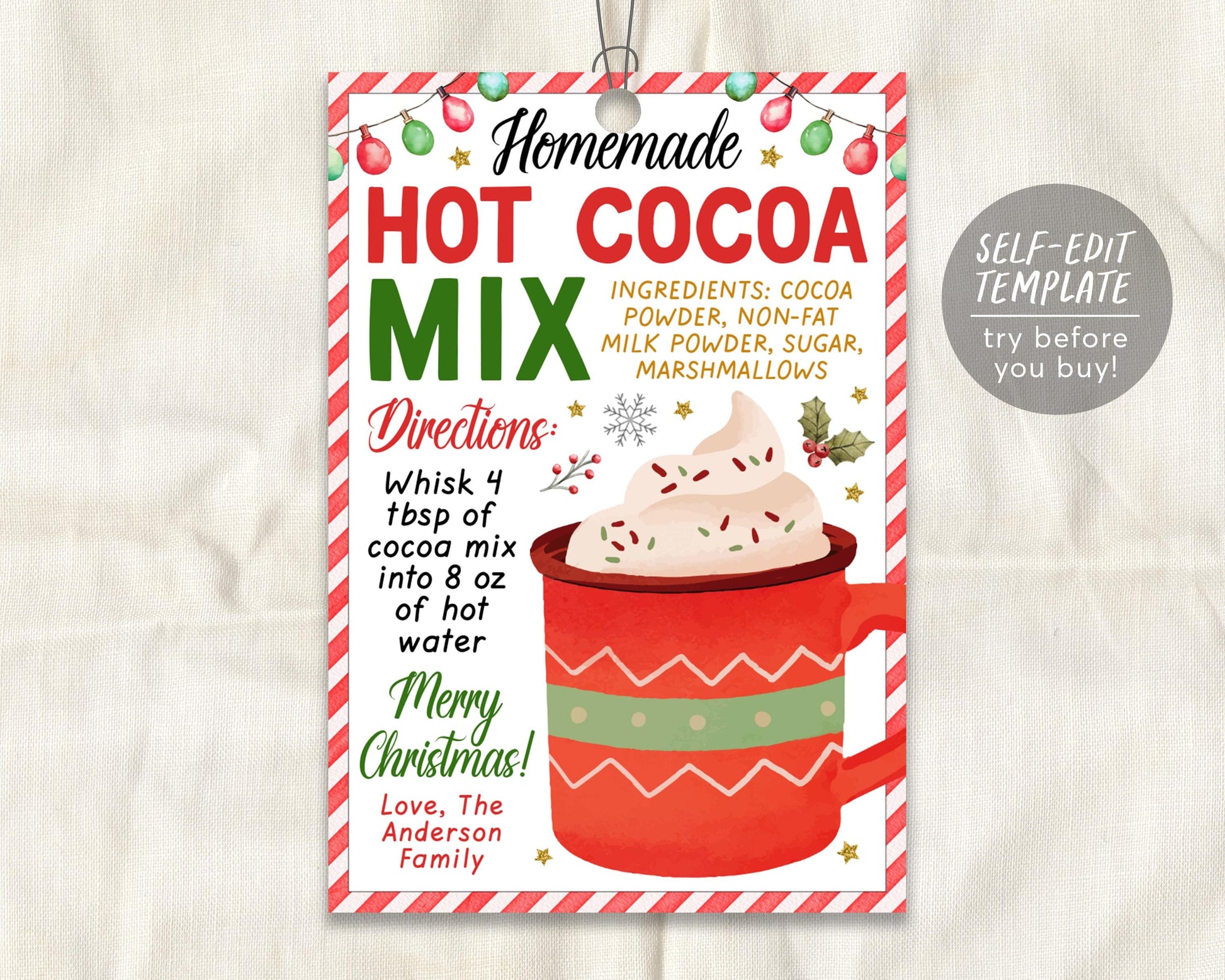 Hot Cocoa Mix in a Jar Gift Tag Editable Template