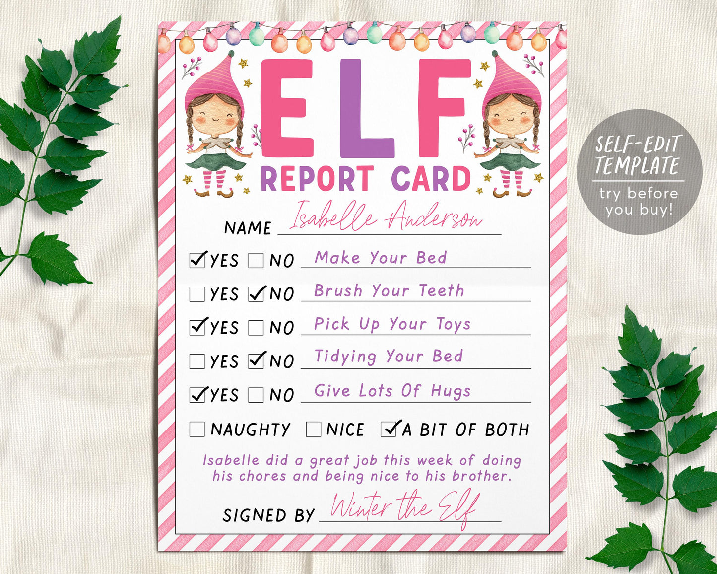 Pink Girl Elf Report Card Editable Template