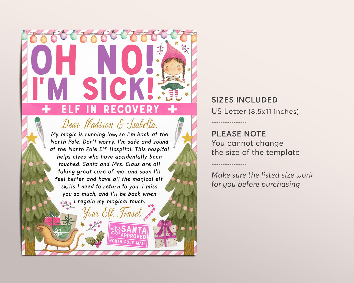 Christmas Pink Girl Elves Recovery Letter Editable Template, Elf Lost Magic Letter, Oh No We're Sick Elves Was Touched Letter Holiday