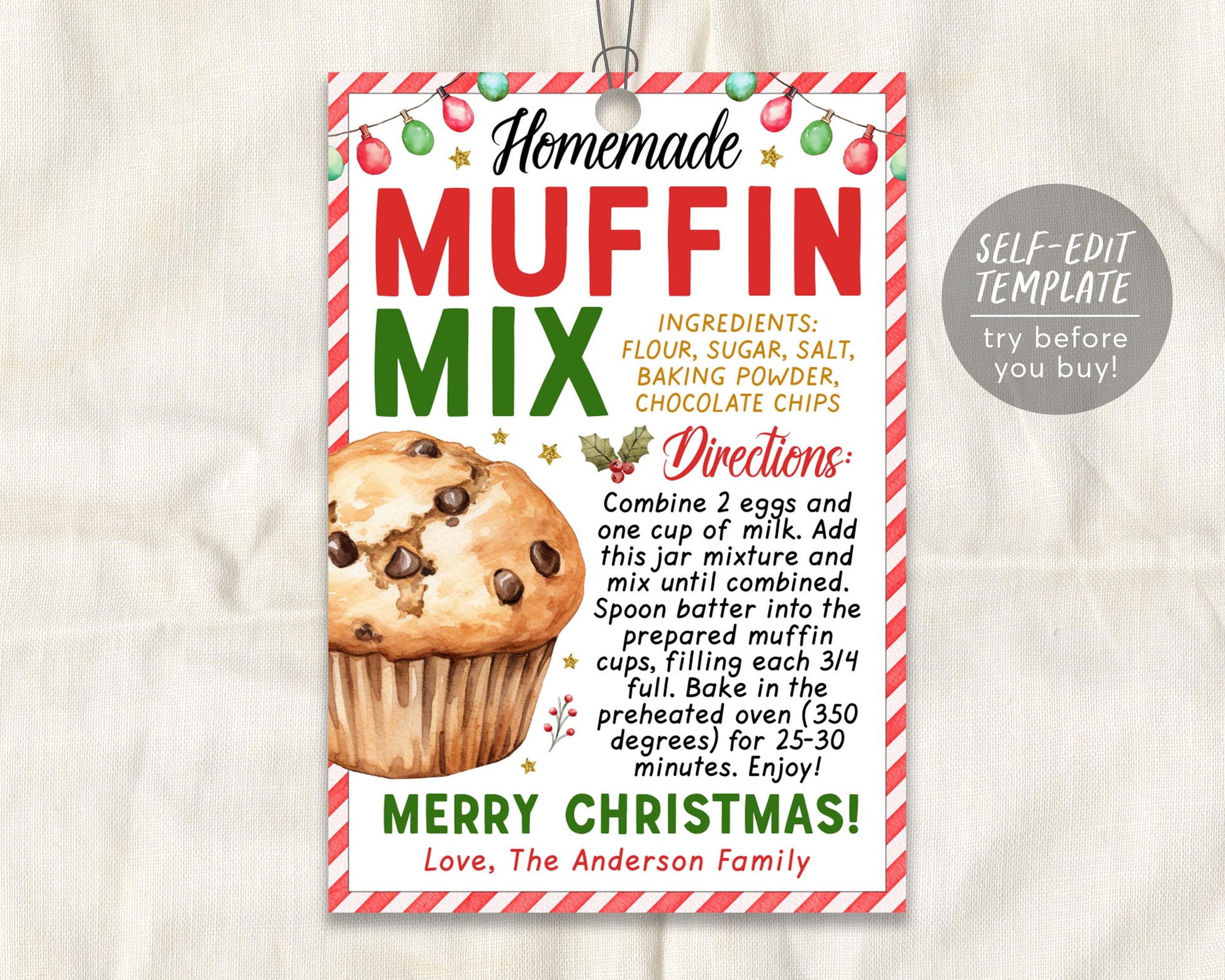 Muffin Mix in a Jar Gift Tag Editable Template