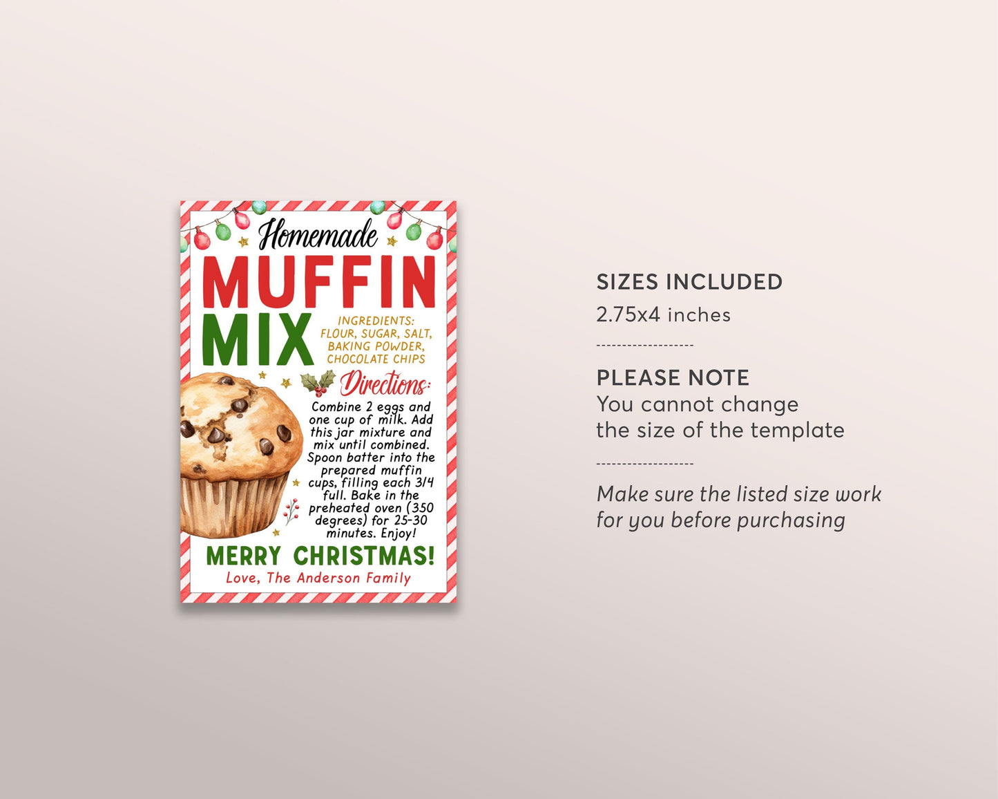 Muffin Mix in a Jar Gift Tag Editable Template, Christmas Muffin Recipe Favor Tag, Bake Sale Label, Holiday Brunch Gift, Mason Jar Label