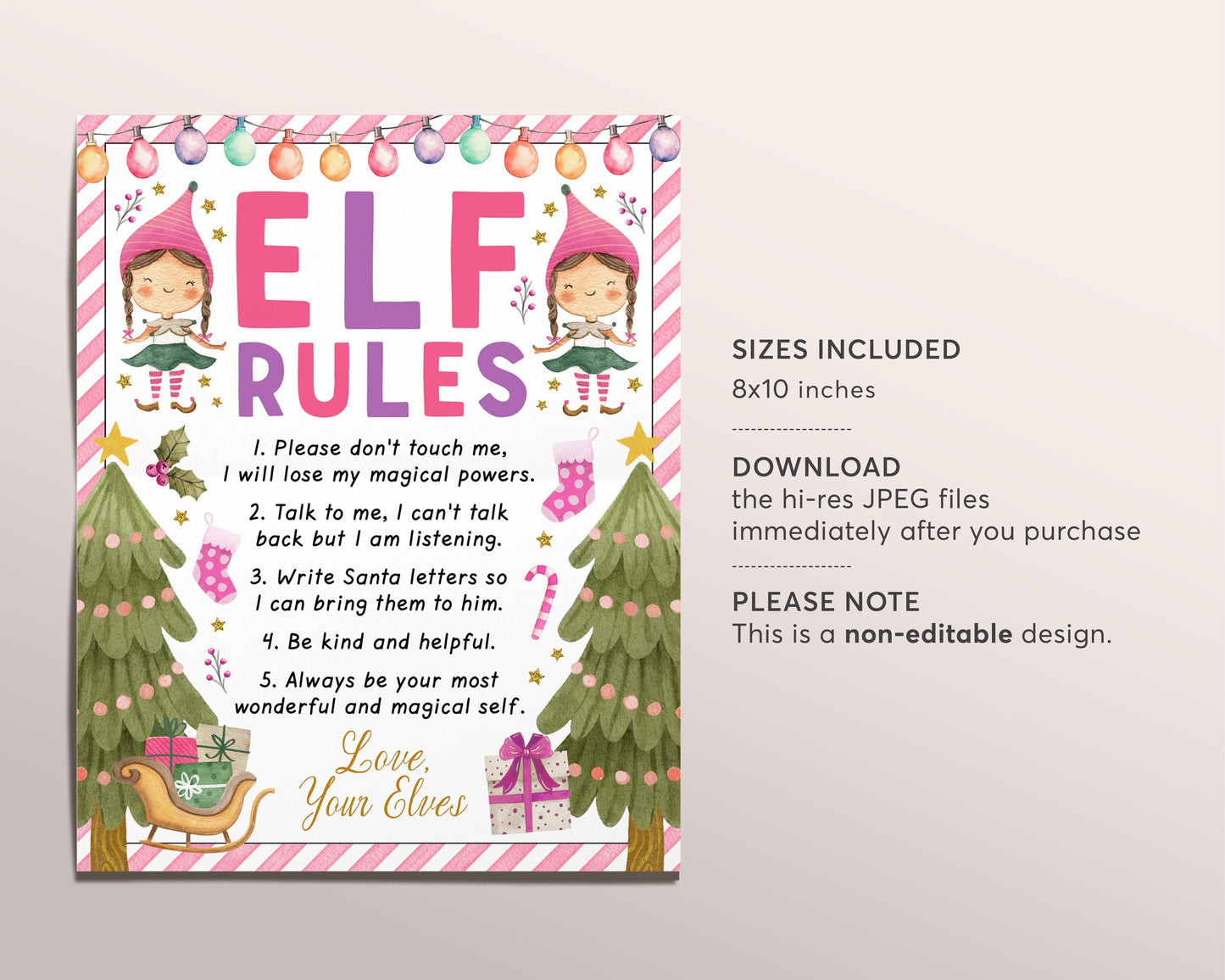 Pink Girl Elf Rules Sign, Elf Rules To Follow, Elf Do Not Touch Me Arrival Christmas Rule, Elves Magic Rules For Kids Christmas Elf Activity