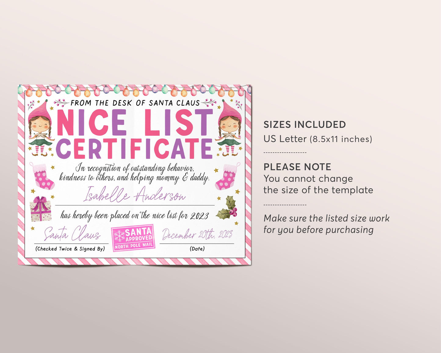 Pink Nice List Certificate Editable Template, Santas Official Nice List Approved Letter, Girl Elf Elves Letter, Santa Claus Christmas Eve