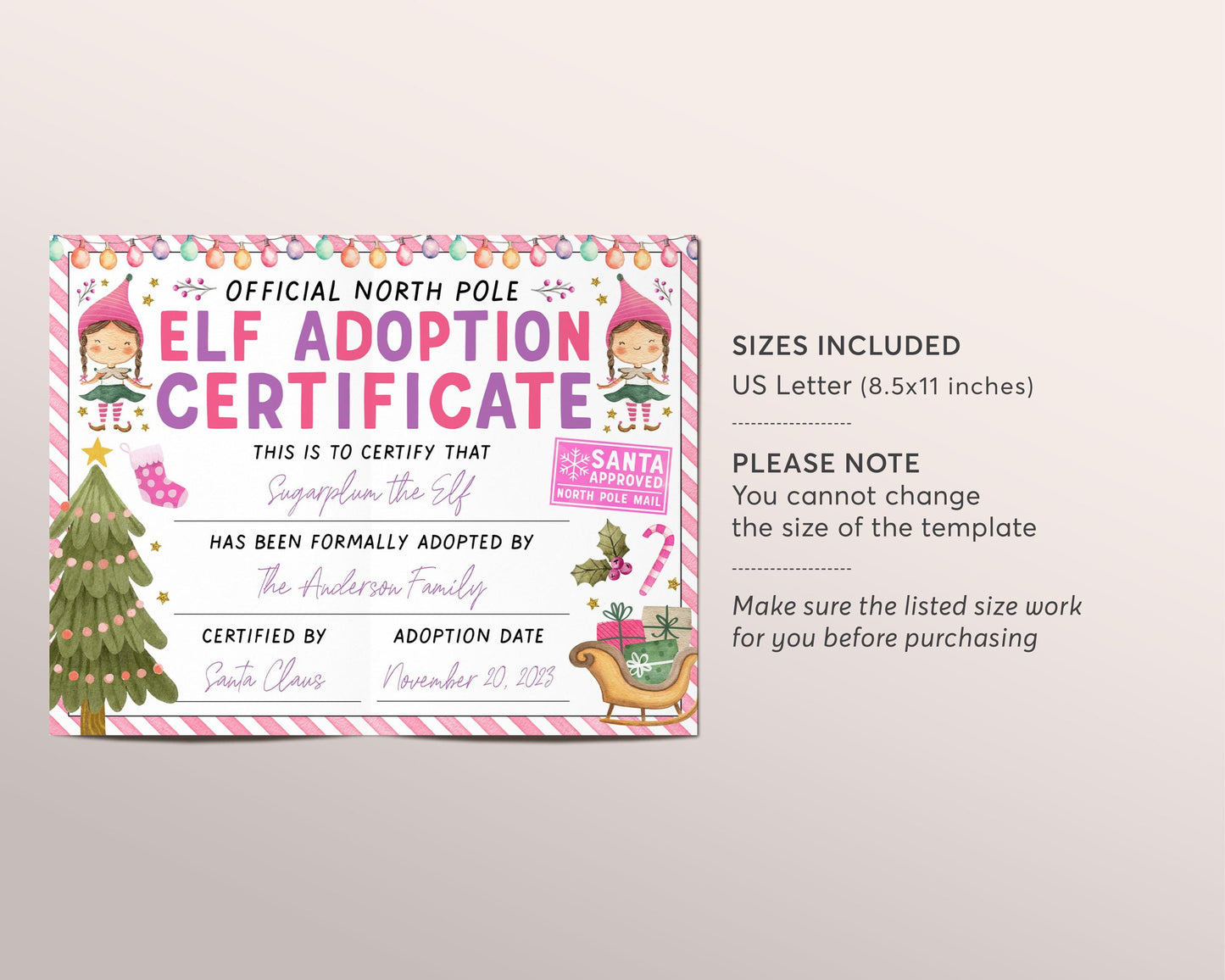 Pink Girl Elf Adoption Certificate Editable Template, Adopt Your Elves Letter, Christmas Party Photo Prop, North Pole Official Santa Mail