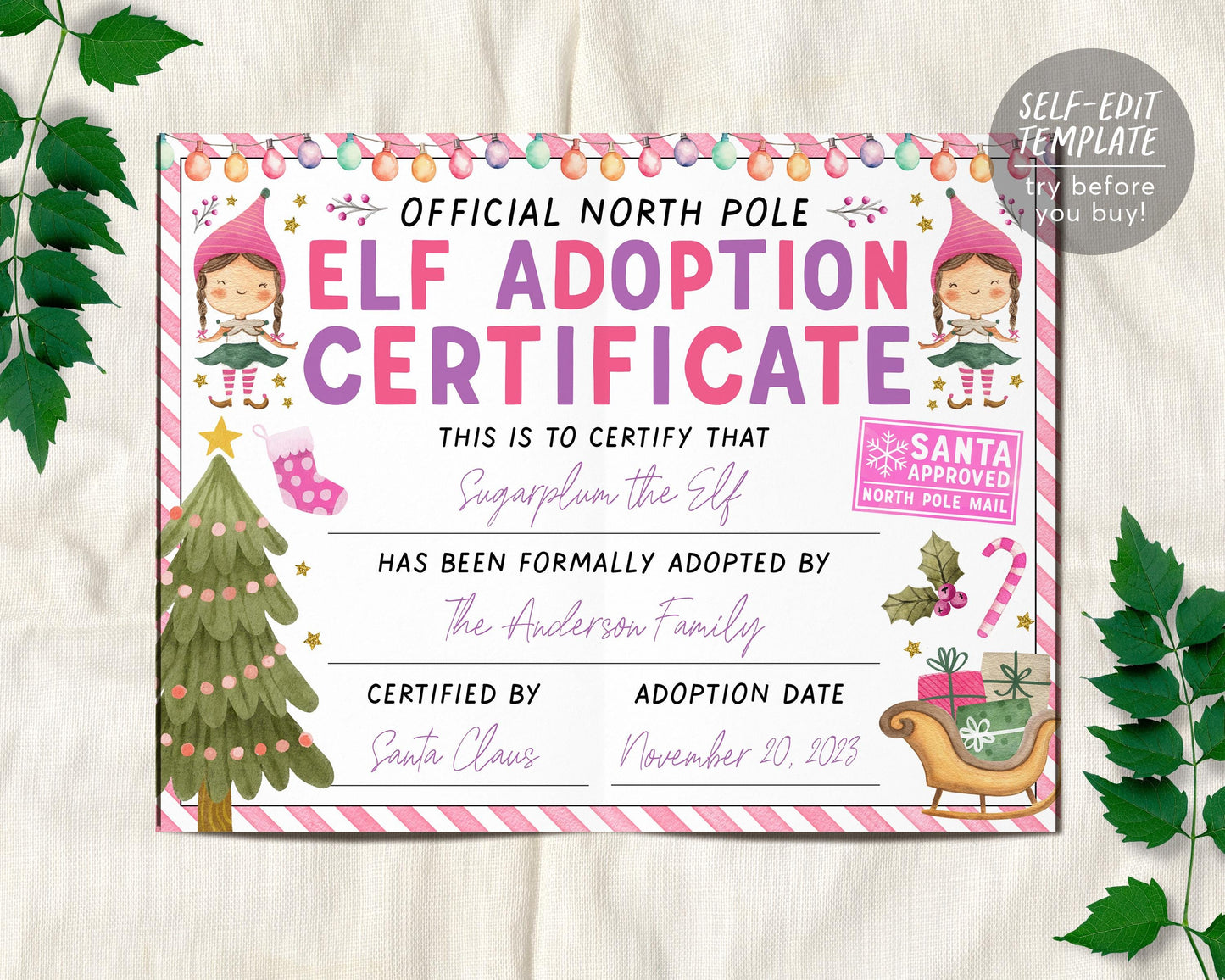 Pink Girl Elf Adoption Certificate Editable Template