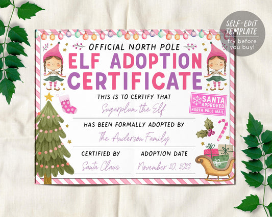 Pink Girl Elf Adoption Certificate Editable Template