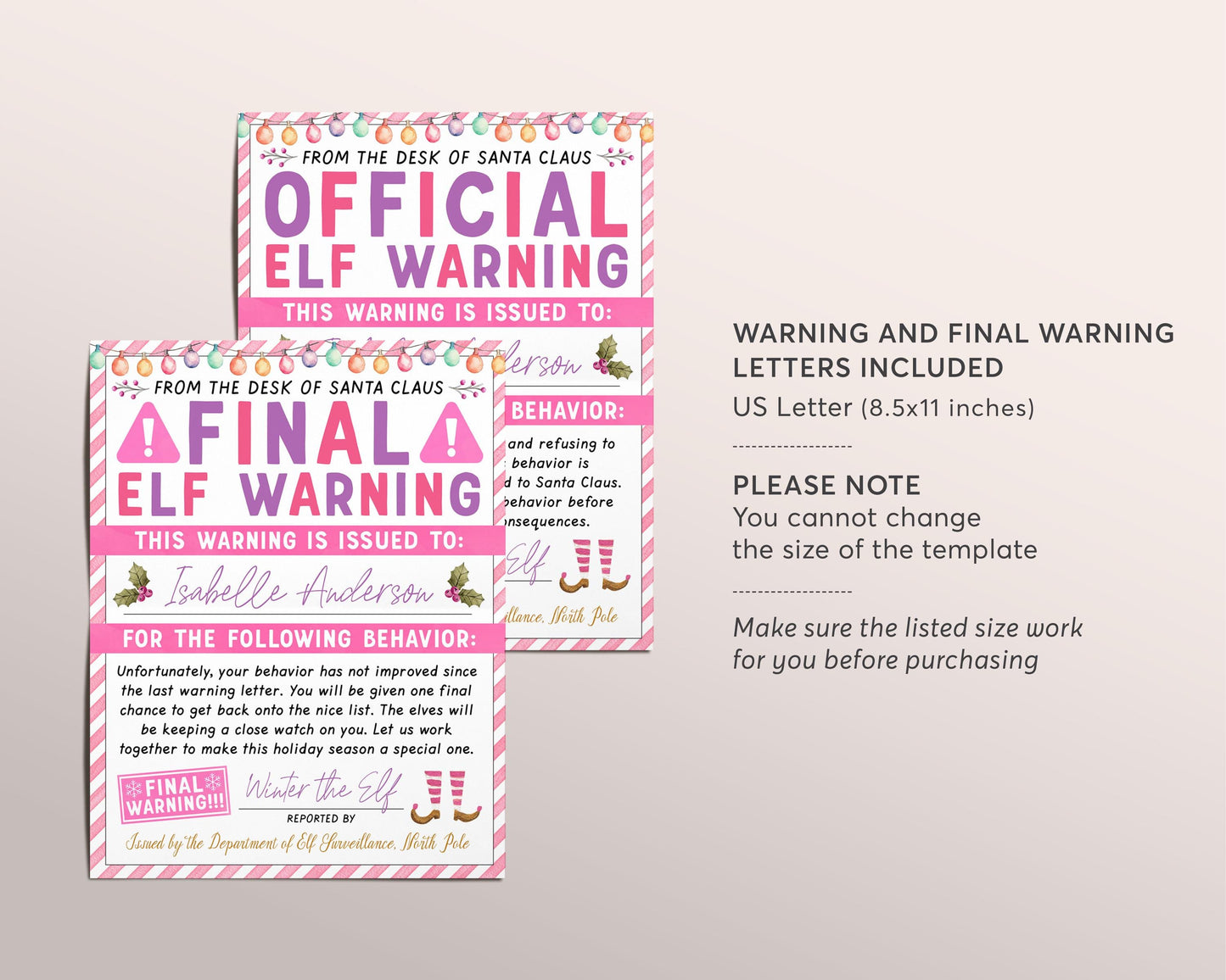 Pink Elf Warning Report Editable Template, Official Christmas Behavior Final Warning, Elf Surveillance, Santa Warning Letter North Pole