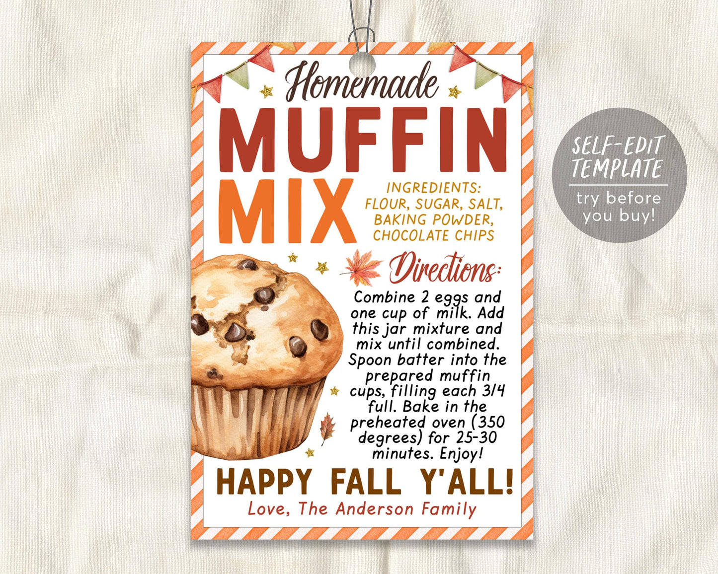 Muffin Mix in a Jar Gift Tag Editable Template