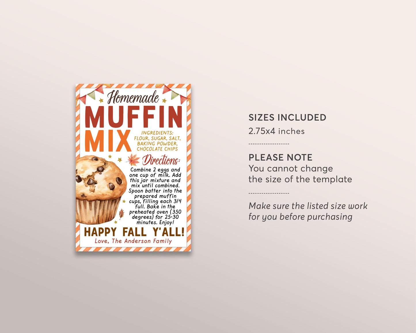 Muffin Mix in a Jar Gift Tag Editable Template, Thanksgiving Muffin Recipe Favor Tag, Fall Autumn Bakery Bake Sale Mason Jar Label Neighbor