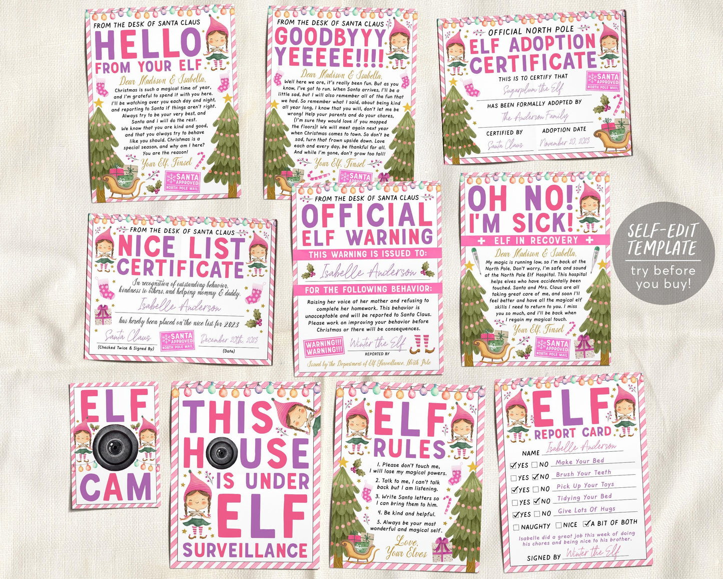 Pink Girl Elf Games BUNDLE Editable Template