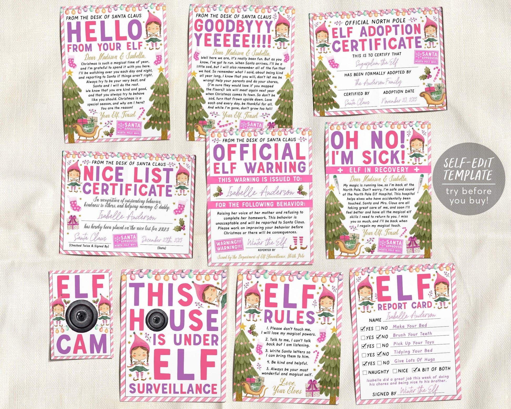 Pink Girl Elf Games BUNDLE Editable Template