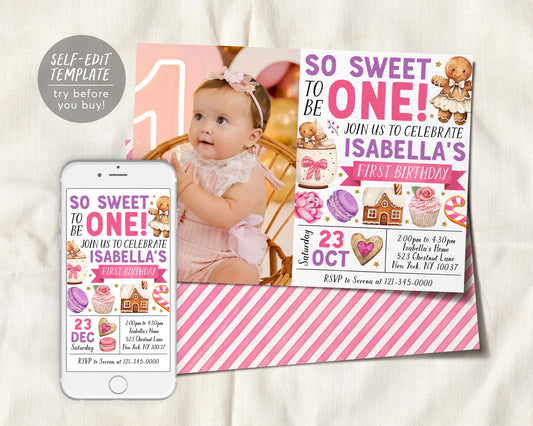 So Sweet Gingerbread First Birthday Invitation With Photo Editable Template