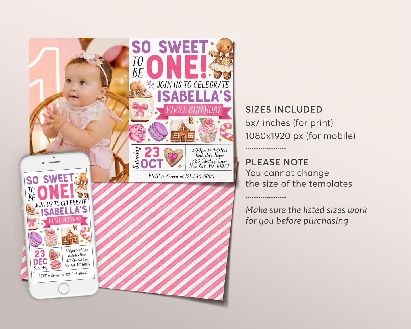 So Sweet Gingerbread First Birthday Invitation With Photo Editable Template, Girl Christmas Gingerbread House Cookie Decorating Party Invite