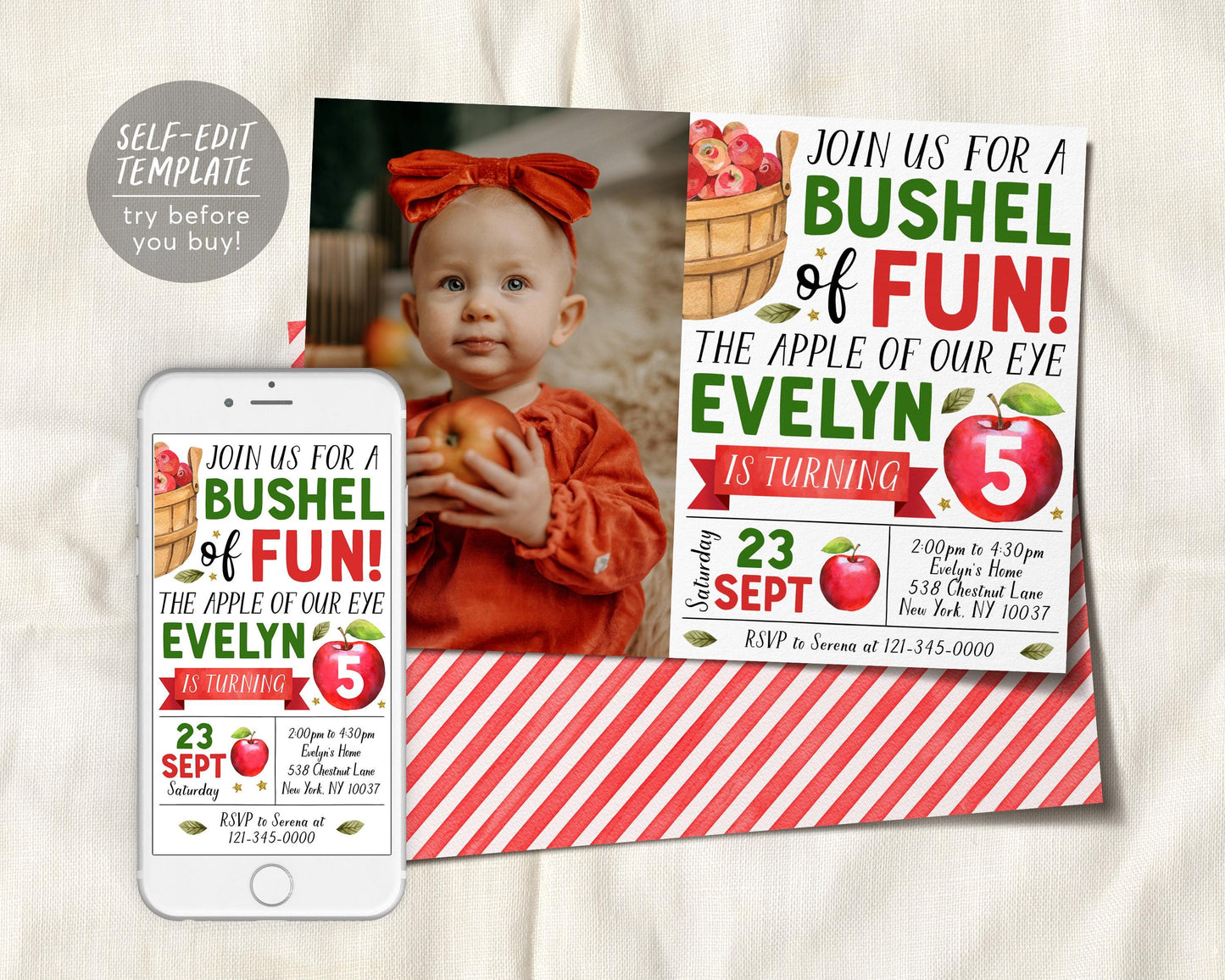 Apple Birthday Invitation With Photo Editable Template