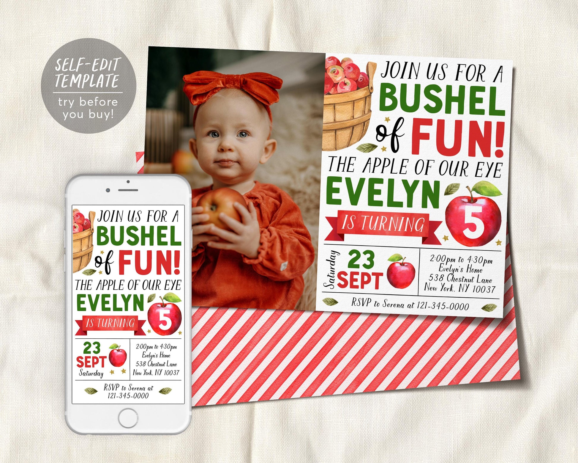 Apple Birthday Invitation With Photo Editable Template