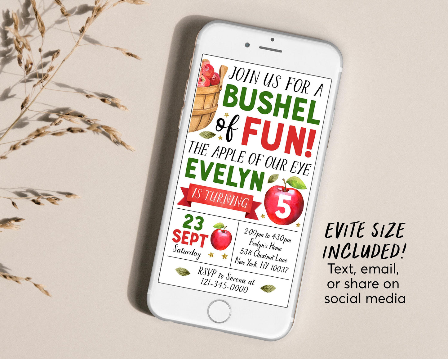 Apple Birthday Invitation With Photo Editable Template, Bushel of Fun First Birthday Party Invite, Apple of Our Eye Fall Evite Apple Picking