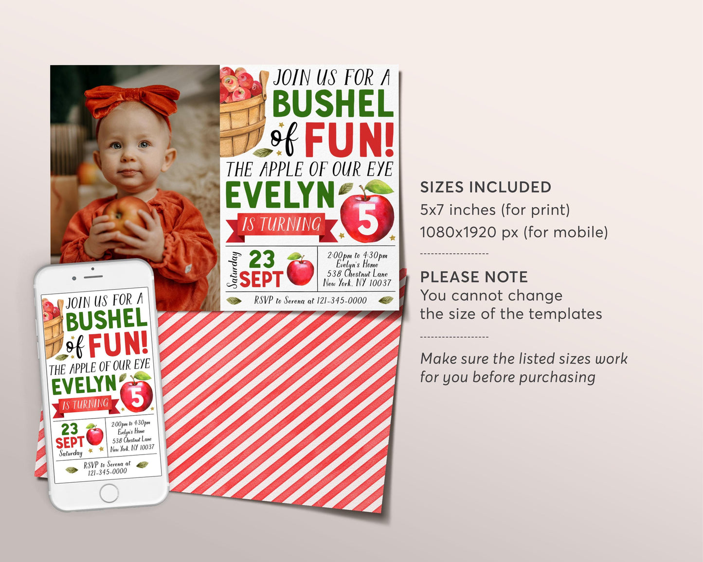 Apple Birthday Invitation With Photo Editable Template, Bushel of Fun First Birthday Party Invite, Apple of Our Eye Fall Evite Apple Picking