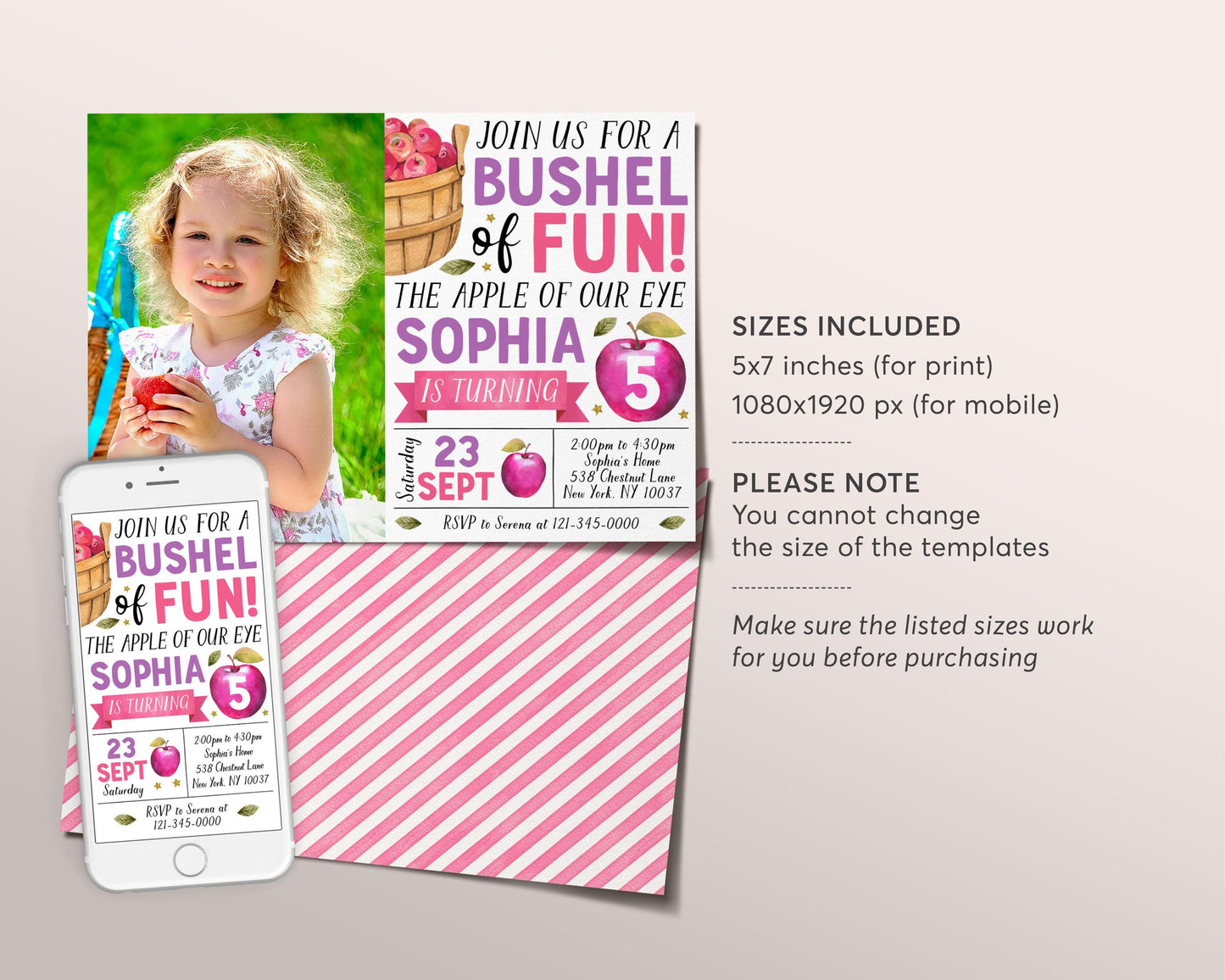 Apple Birthday Invitation With Photo Editable Template, Girl Bushel of Fun Birthday Party Invite, Apple of Our Eye Fall Evite, Apple Picking